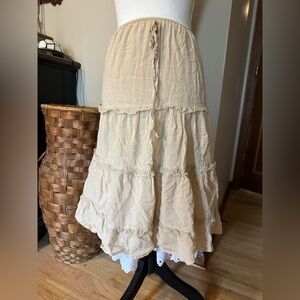 Vintage Sandro boho cream cotton midi skirt with lace trim